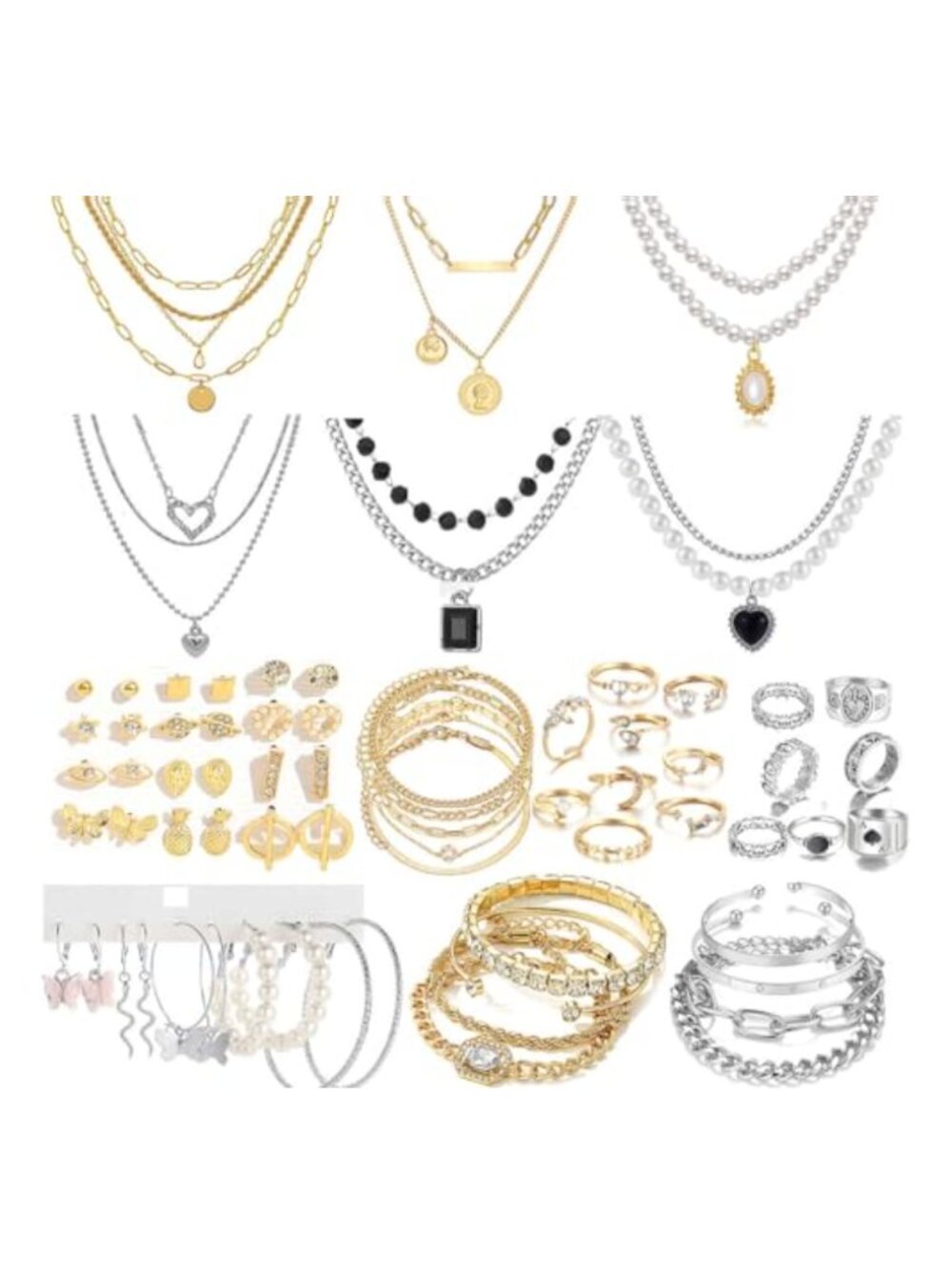 73pc Gold Jewelry Set - Layered Necklaces, Hoop Earrings, Rings, Anklets Gift